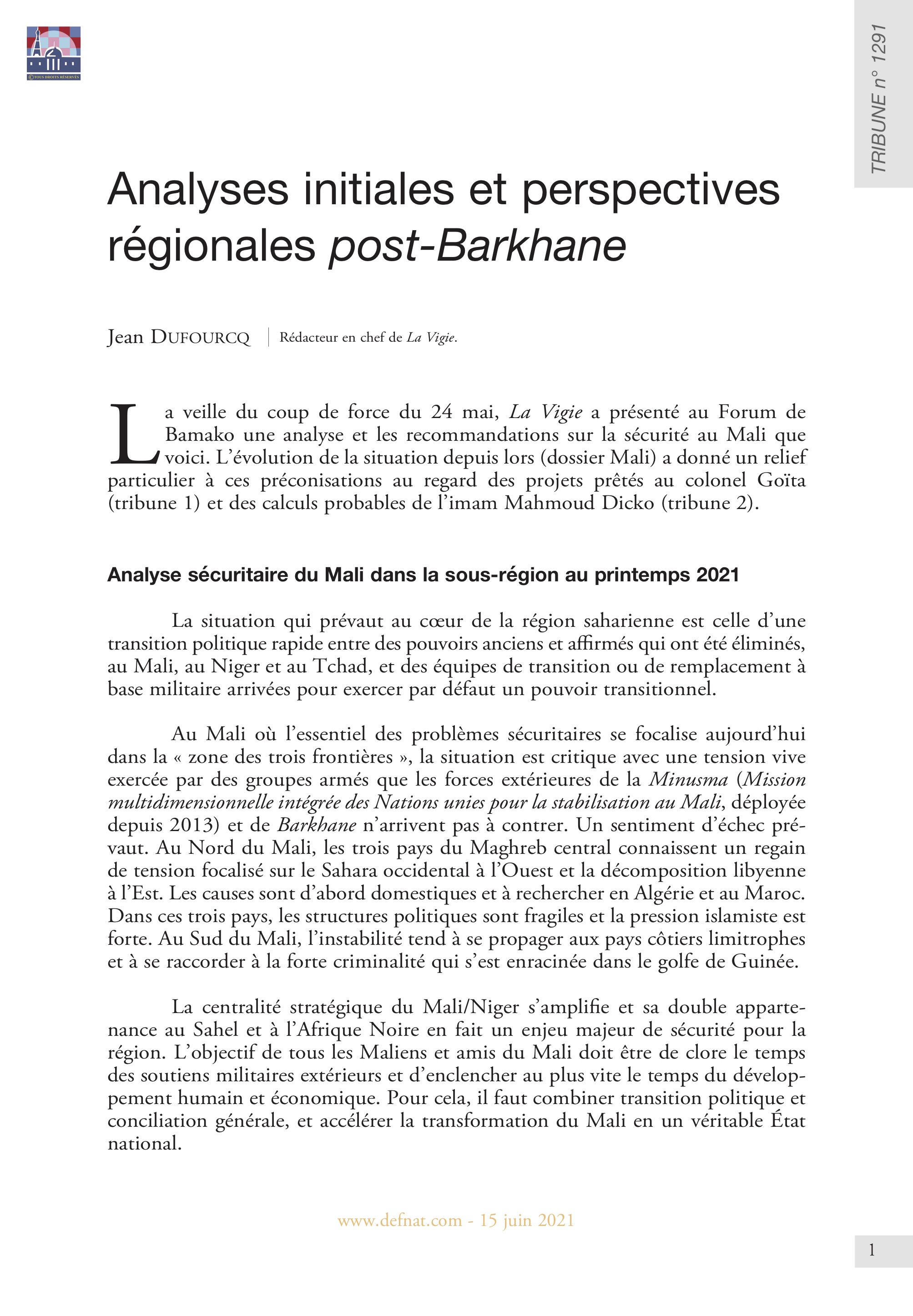 Analyses initiales et perspectives régionales post-Barkhane (T 1291)
